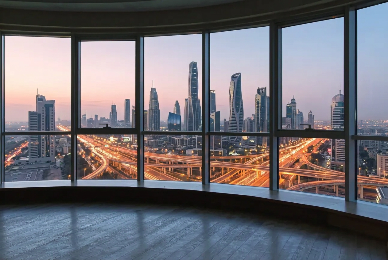 Curved curtain wall glazing seen from inside, overlooking a city skyline at dusk